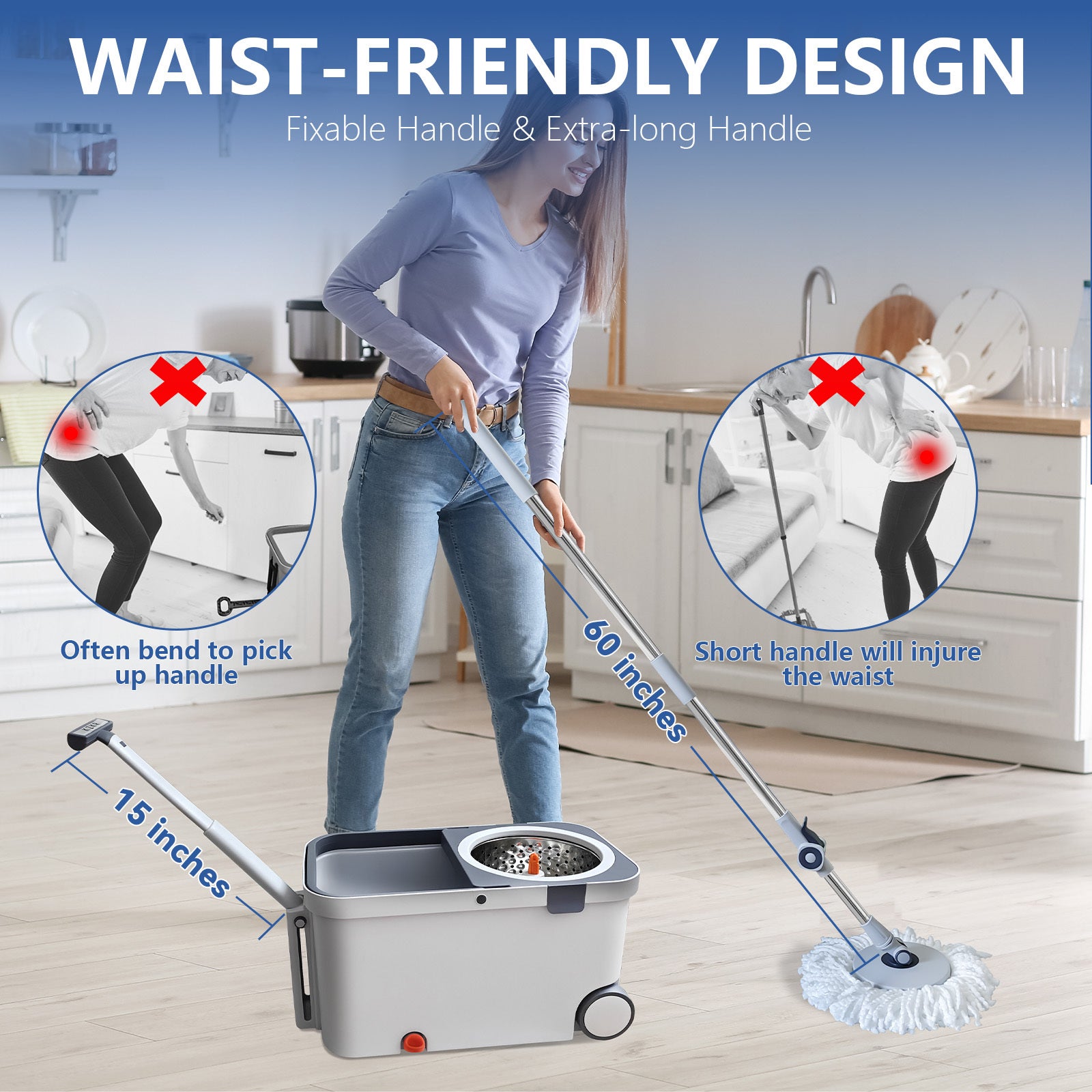 Spin Mop and Bucket with Wringer System, Floor Cleaning Tool with 6 Microfiber Replacement Head Refills