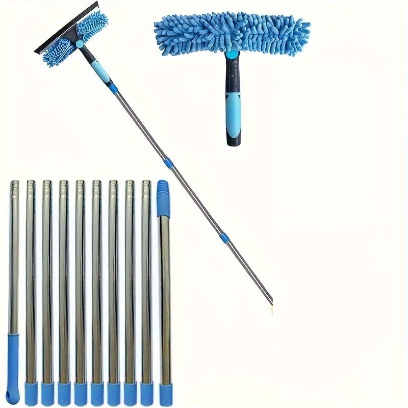 2-in-1 Window Cleaning Brush and Scraper Kit with Extendable Blue Handle