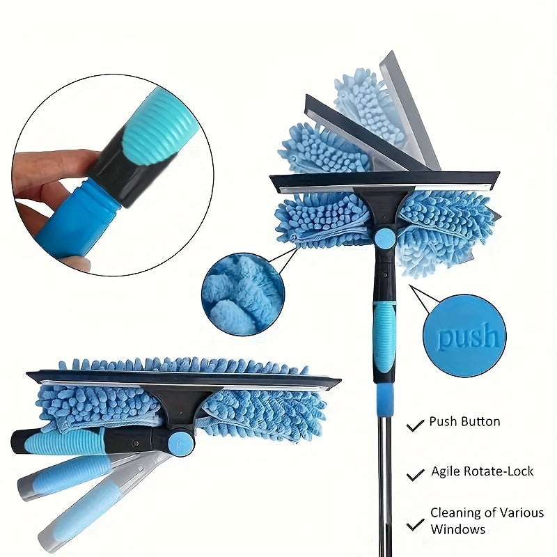 2-in-1 Window Cleaning Brush and Scraper Kit with Extendable Blue Handle