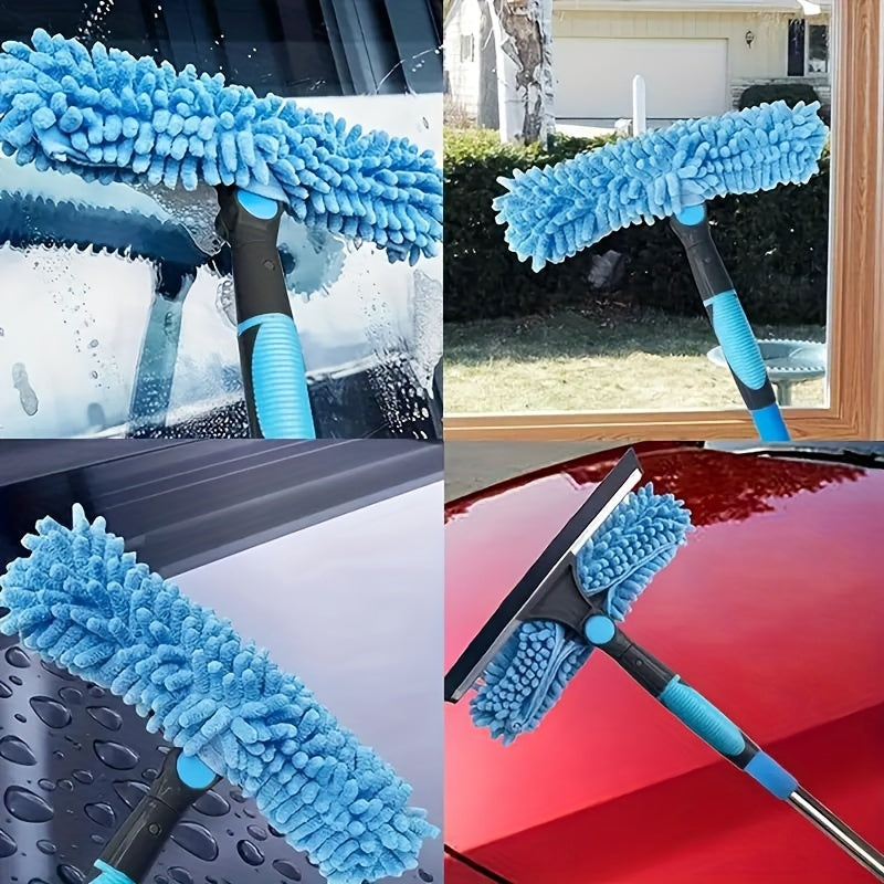 2-in-1 Window Cleaning Brush and Scraper Kit with Extendable Blue Handle